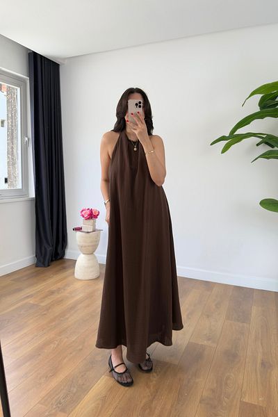 BİRCANÇİL Beysa Bitter Brown Buttoned Neckline Lined Muslin Dress