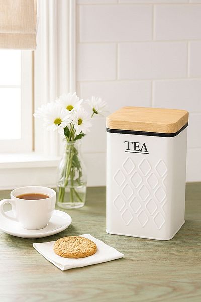 Arma House 1 Piece Seersucker White Tea Storage Box & Jar with Wooden Look Metal Lid 17*11*8 cm