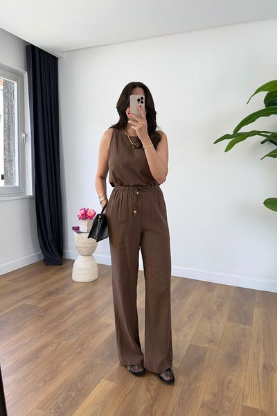 BİRCANÇİL Glow Coffee Linen Tank Top Pants Set