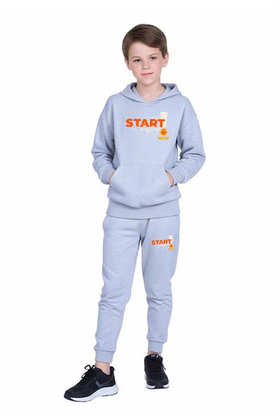 YA KO KİDS 3-Piece Hooded Kangaroo Pocket Printed Boy's Tracksuit Set