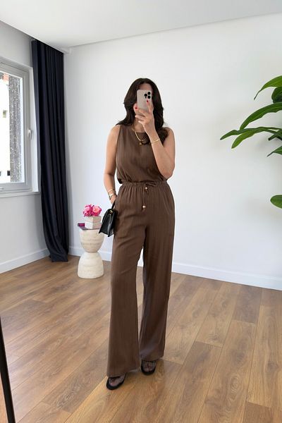 BİRCANÇİL Glow Coffee Linen Tank Top Pants Set