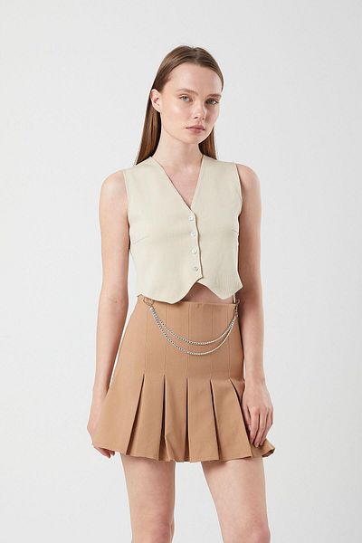 Mixray 4155 Women's Chain Detail Pleated Mini Skirt Mink