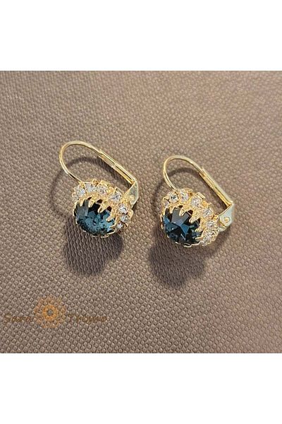 saratremo Classic Gold-Plated Earrings – Large Flower with Marine-Green Zirconia Crystal