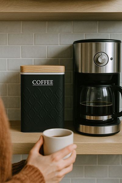 Arma House 1 Piece Seersucker Black Coffee Storage Box & Jar with Wooden Look Metal Lid 17*11*8 cm