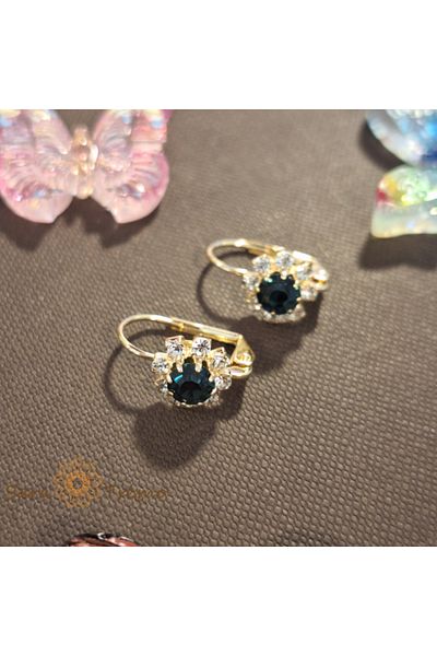 saratremo Classic Gold Plated Earrings – Flower Design with Navy Blue Zirconia Crystal