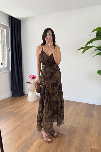 BİRCANÇİL Cora Brown Patterned Gold Sparkling Lined Tulle Dress
