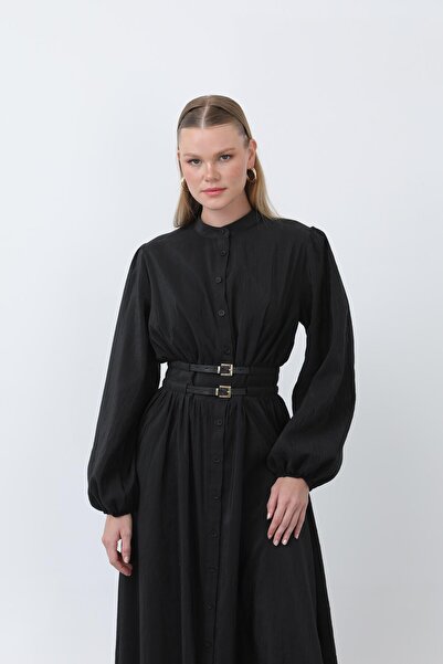 Loreen Women's Double Belted Judge Collar Dress - 20658Elb - Black