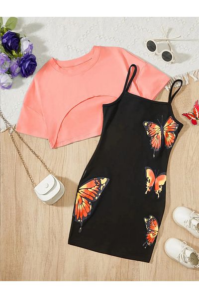 Bubs Kids Butterfly Print Dress Crop Sweat Combination
