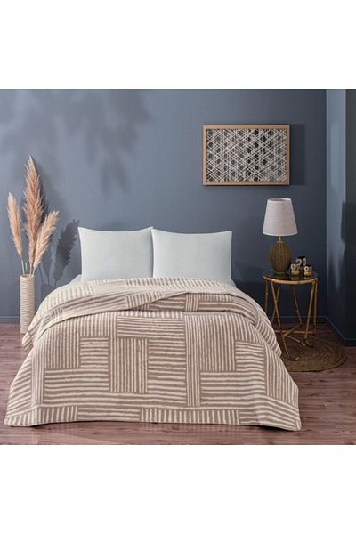 Taç Cotton and mixed fiber blanket 200x220cm, geometric pattern, TAC, Gable Beige