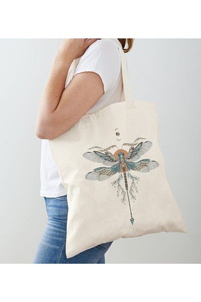 GİFTORA Dragonfly Printed Raw Cloth Shoulder Bag