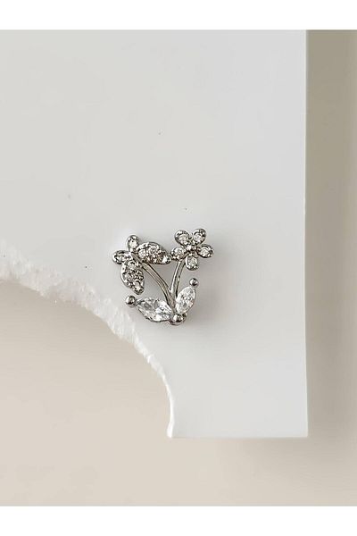 Eva Takı Store Butterfly Flower Model Cartilage Piercing Tragus Helix Silver Color Earring