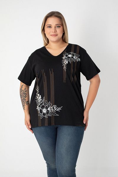 Orly More Printed Slit Cotton Women's V-Neck Plus Size T-Shirt