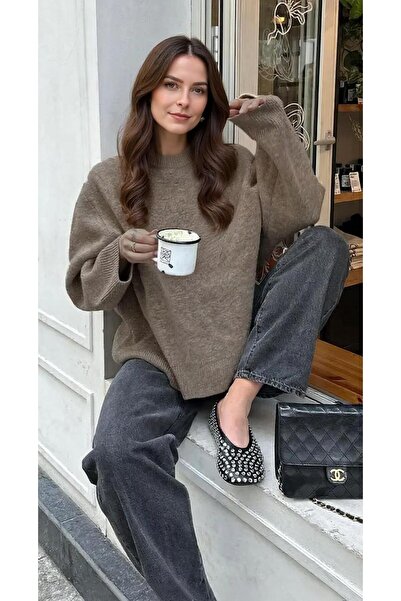 uyguntarz Pletený svetr s kulatým výstřihem Mink Oversize