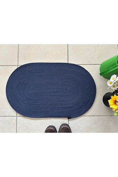 HHKARTS سجادة حمام مسطحة من الجوت بيضاوية باللون الأزرق الداكن