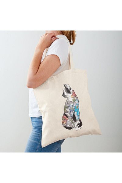 GİFTORA Cat & Lotus Flower Printed Raw Cloth Bag