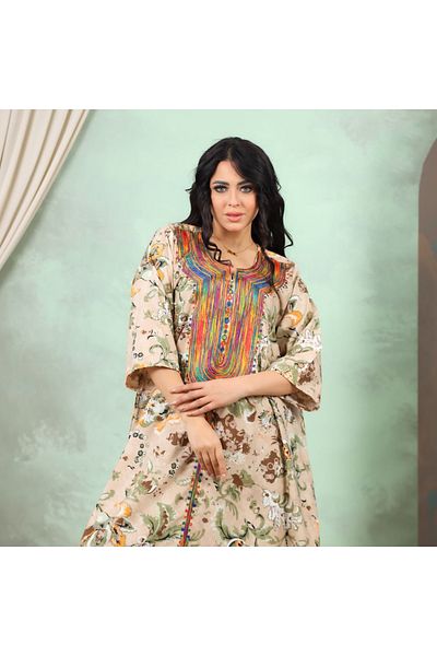 Lyaly aljlabyh Egyptian cotton summer jalabiya with a colorful floral print and luxurious embroidery on the chest, for a fresh and comfortable look.
