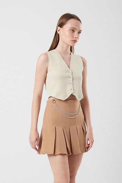 Mixray 4155 Women's Chain Detail Pleated Mini Skirt Mink