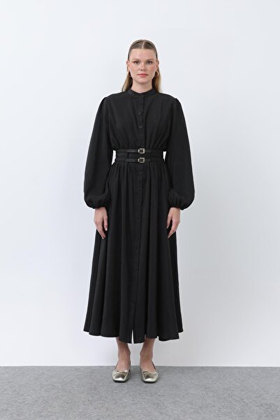 Loreen Γυναικείο φόρεμα με διπλή ζώνη και γιακά δικαστή - 20658ELB - Μαύρο