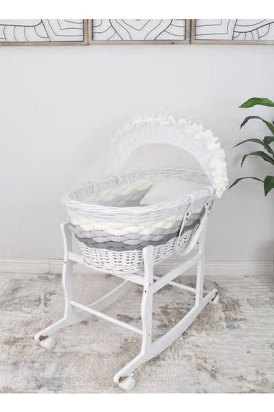 Fun Moment Rattan Moses Basket with Rocking Base White