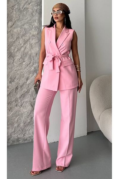 pembekurdelem Women's Belted Vest Trousers Suit Candy Pink