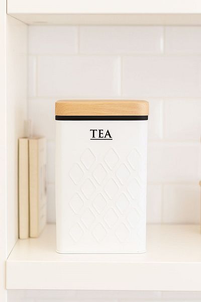 Arma House 1 Piece Seersucker White Tea Storage Box & Jar with Wooden Look Metal Lid 17*11*8 cm