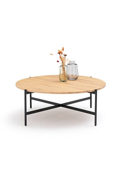 Hitit Dekorasyon Davia Siyah Metal Ahşap Yuvarlak Orta Sehpa