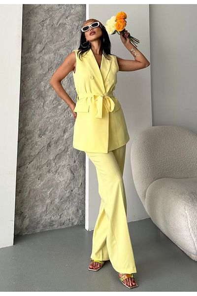 pembekurdelem Women's Belted Vest Trousers Set Yellow