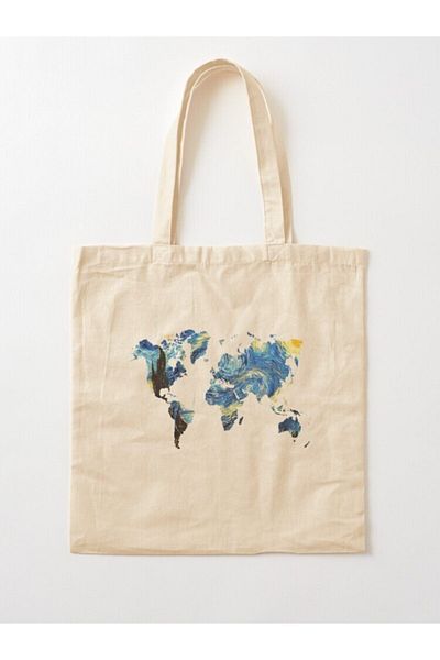 GİFTORA Van Gogh Starry Night World Map Raw Cloth Bag