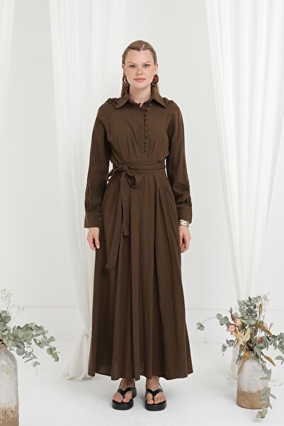 Loreen Women's Belted Button Detailed Judge Collar Dress - 20688Elb - Brown
