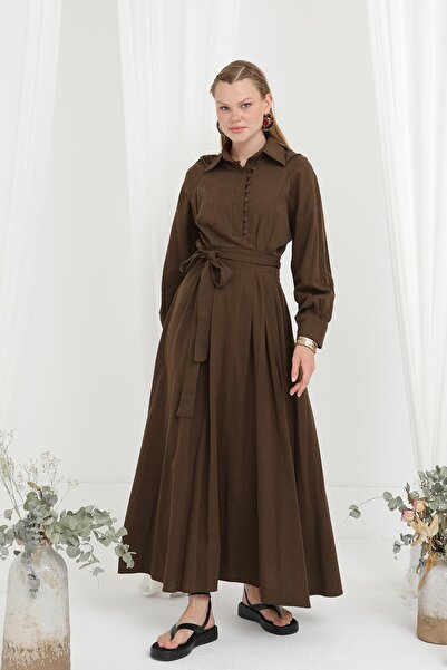 Loreen Women's Belted Button Detailed Judge Collar Dress - 20688Elb - Brown