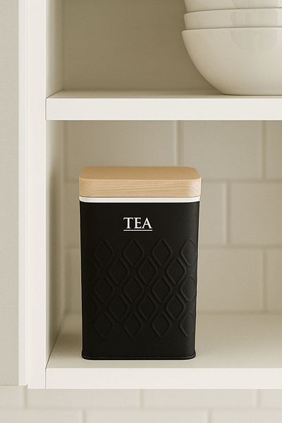 Arma House 1 Piece Seersucker Black Tea Storage Box & Jar with Wooden Look Metal Lid 17*11*8 cm