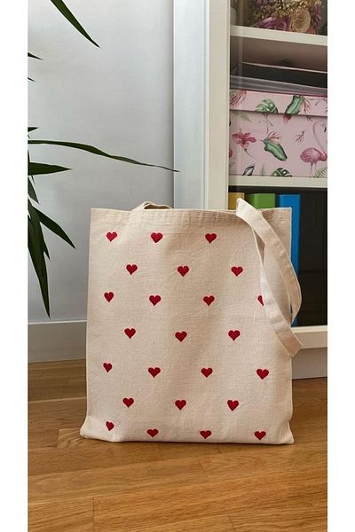 GİFTORA Heart Canvas Heart Printed Cloth Bag 38x42 Cm