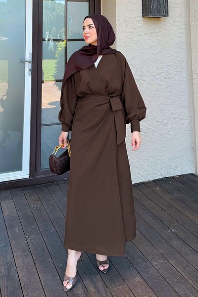 Salih Çelebi Lacing Detailed Dress 9981 - Brown