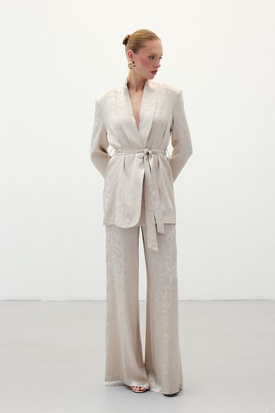 Sateen Jacquard Satin Trousers - Beige