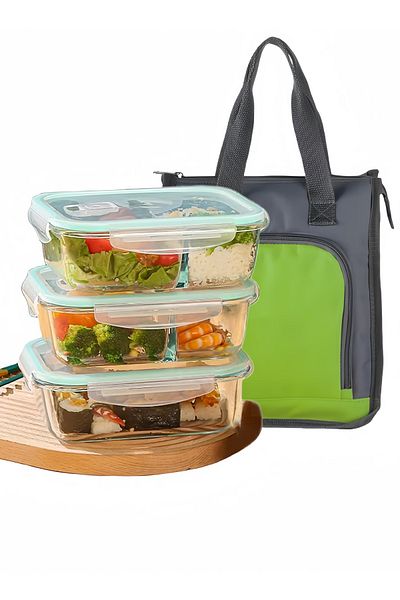 Browning 3 Pcs Large Capacity High Borosilicate Glass Lunch Boxes Bowls Sealed Crisper Boxes Insulation Bag