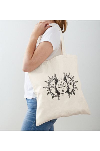 GİFTORA Moon & Sun Designed Raw Cloth Shoulder Bag