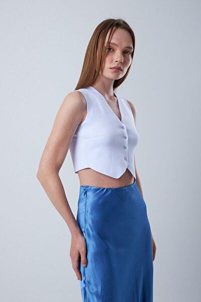 Mixray 6827 Women's V-Neck Buttoned Summer Knitwear Vest Ice Blue