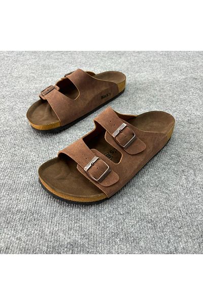 NO 601 Men's Brown Orthopedic Daily Cork Non-Slip Sole Buckle Stylish Home Outdoor Slippers