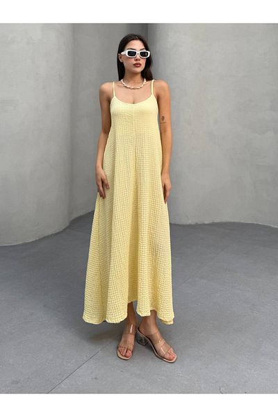 asalya Women's Yellow Adjustable Strap Seersucker Fabric Summer Long Dress
