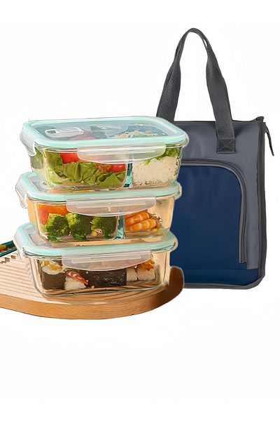 Browning 3 Pcs Large Capacity High Borosilicate Glass Lunch Boxes Bowls Sealed Crisper Boxes Insulation Bag