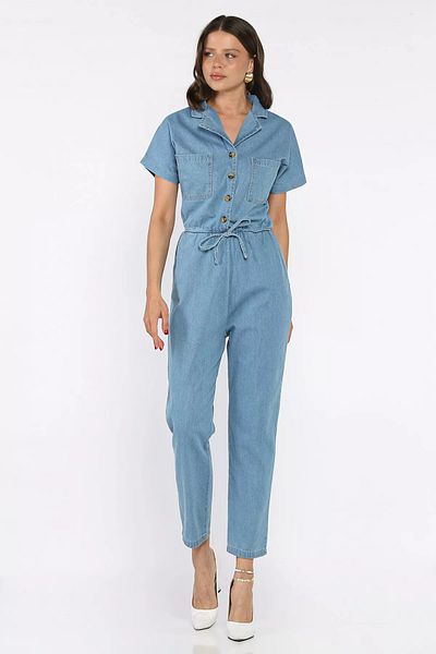 GÜLSELİ Blue Women's Elastic Waist Pocket Jean Denim Overalls Salopet