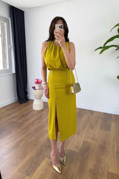 BİRCANÇİL Winnie Olive Draped Dress with Slit Detail