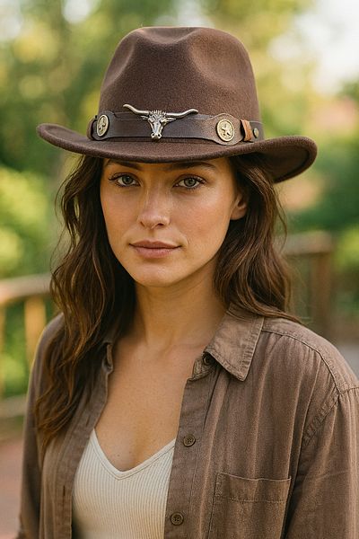 LAGRANZE Women's Cowboy Stamp Fedora Hat Longhorn Figured Metal Accessory