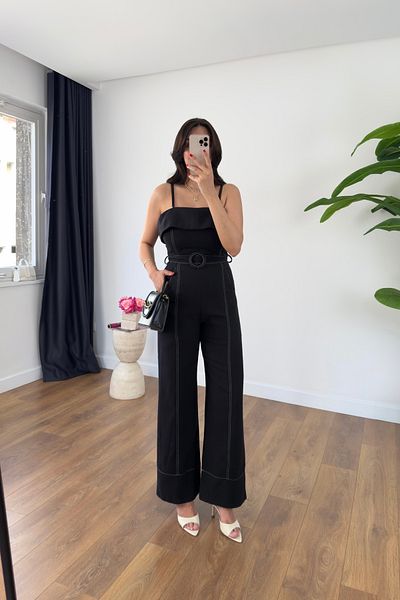 BİRCANÇİL Olis Black Belted Jumpsuit with Stitching Detail
