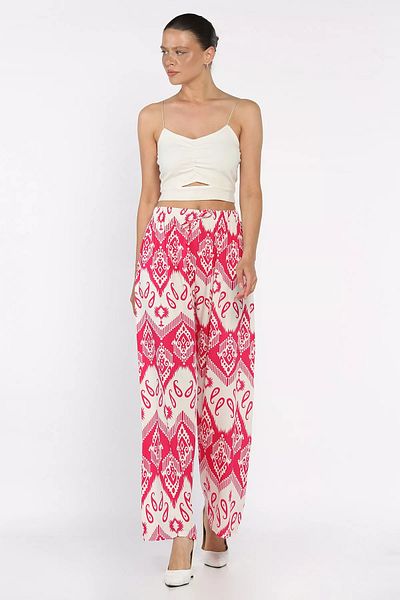 GÜLSELİ Stonefuchsia Women's Elastic Waist Ethnic Patterned Plus Size Viscose Walking Pants