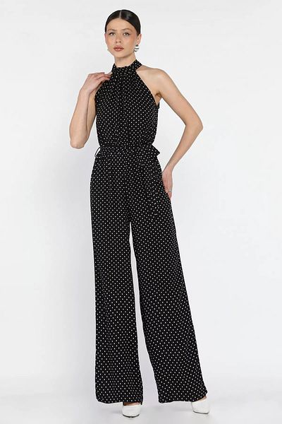 GÜLSELİ Black Women's Waist Elastic Belt Detailed Polka Dot Jumpsuit