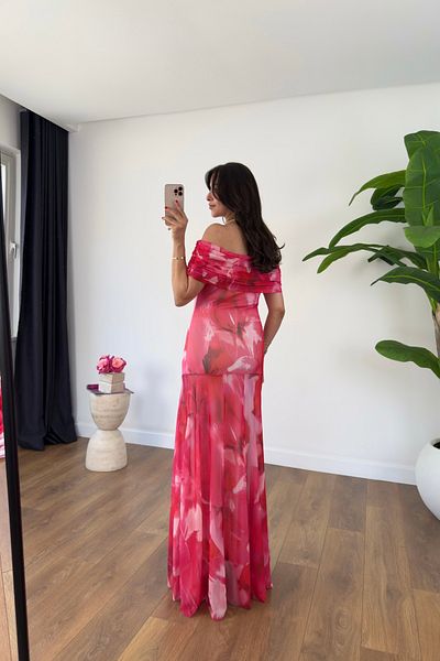 BİRCANÇİL Kılla Red Floral Patterned Tulle Maxi Dress