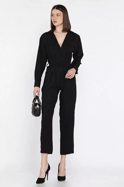 GÜLSELİ Black V-Neck Belted Jumpsuit