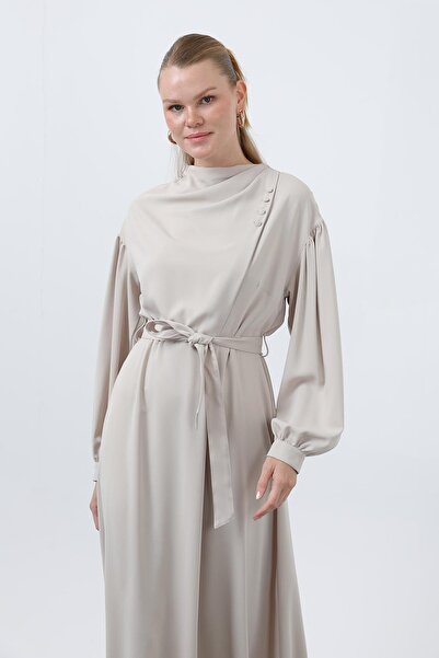 Puane Kadın Beli Kuşaklı Saten Elbise - 12608ELB - Bej