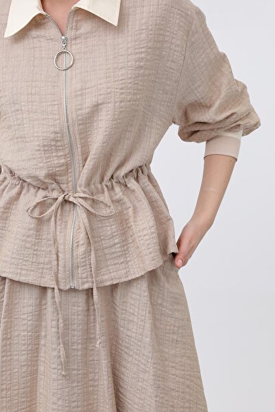 Puane Women's Elastic Waist and Ribbed Skirt Suit - 14330Tks - Camel-Beige